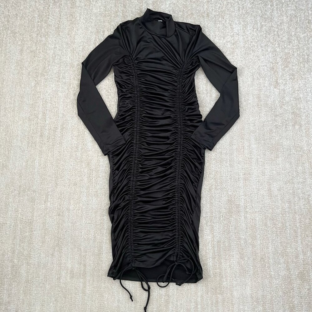 Fashion Nova Black Long Sleeve Ruched Bodycon Stretch Midi Dress S